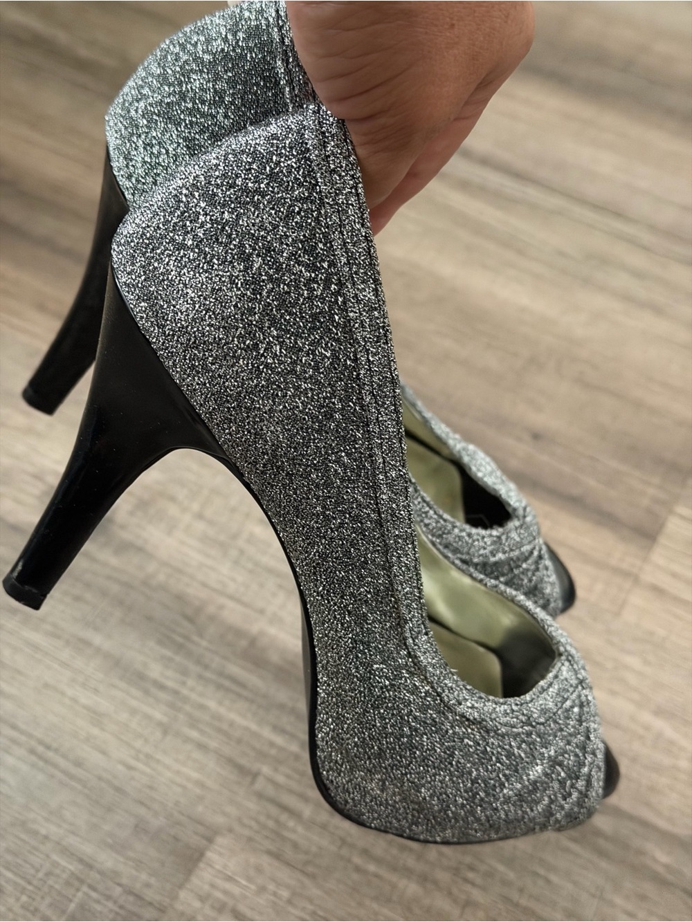 Style & Co. Silver Glitter Peep-Toe Pumps with Black Heel